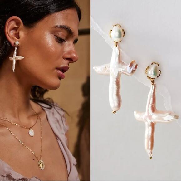Free People Ariana Ost Freshwater Pearl Cross Dangle Earrings